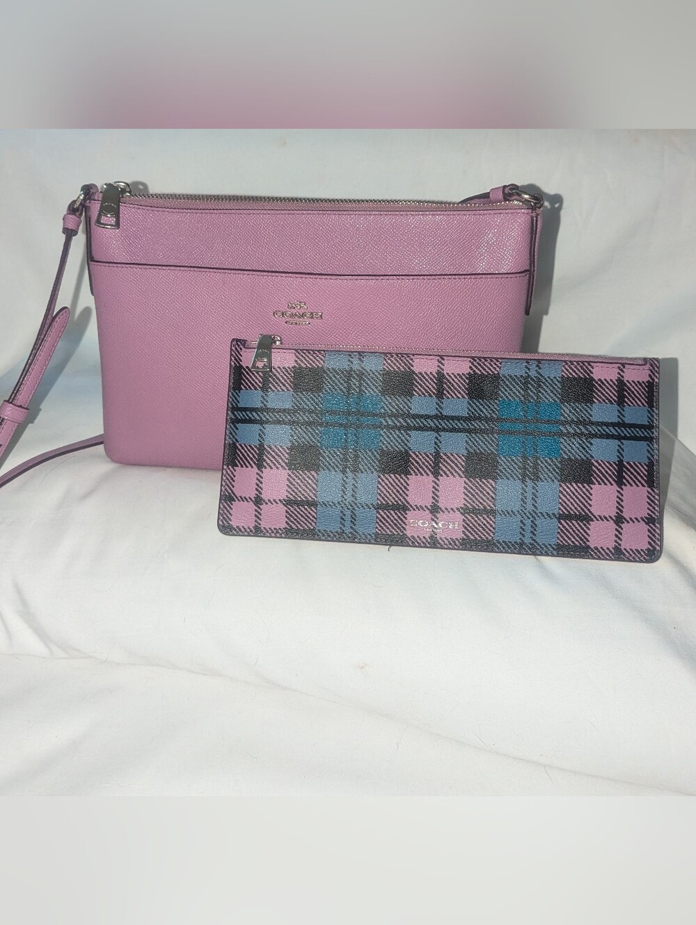 Coach East West Leather Crossbody with Lilic & Blue Plaid Pouch F 22252